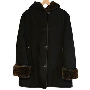Alia Black Faux Suede Hooded Winter Coat Women’s Medium Leopard Print Faux Fur